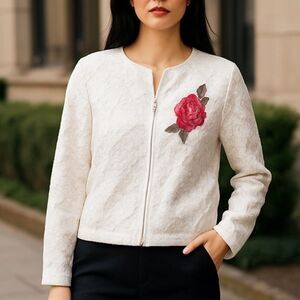 ADIVA White Lace Zip Jacket with Rose Appliqué Women’s Sz L NWT